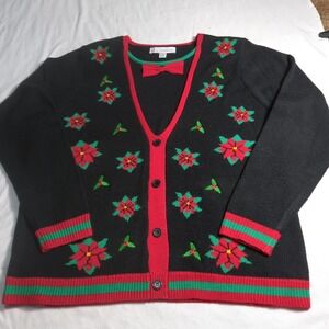 Jolly Sweaters XXL Christmas Sweater Pullover ‎ Poinsettia Bow Tie Black Red 377